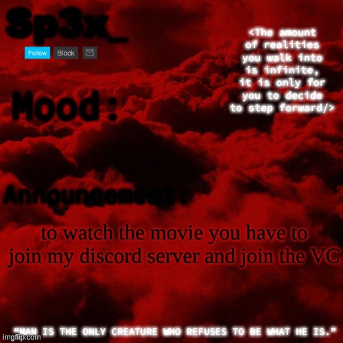 Sp3x_ Announcement v5 | to watch the movie you have to join my discord server and join the VC | image tagged in sp3x_ announcement v5 | made w/ Imgflip meme maker