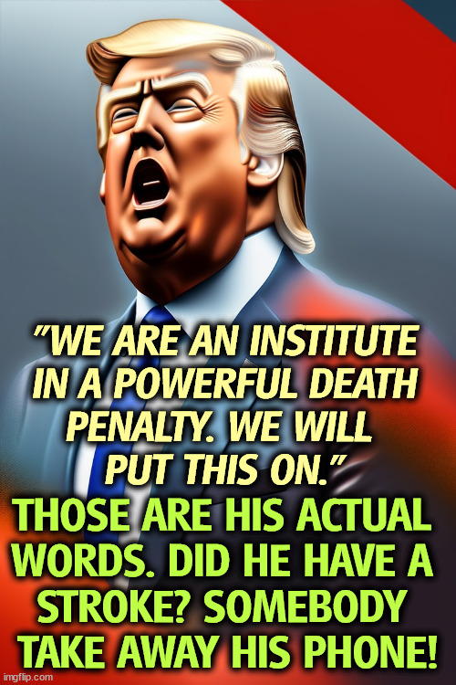 Why is Trump talking like this? | "WE ARE AN INSTITUTE
 IN A POWERFUL DEATH 
PENALTY. WE WILL 
PUT THIS ON.”; THOSE ARE HIS ACTUAL 
WORDS. DID HE HAVE A 
STROKE? SOMEBODY 
TAKE AWAY HIS PHONE! | image tagged in trump,loser,words,speech,nonsense,garbage | made w/ Imgflip meme maker