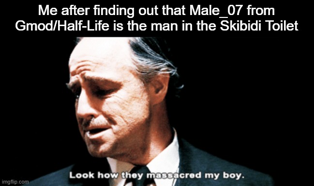 dafuqboom did other videos with male 07 before skibidi | Me after finding out that Male_07 from Gmod/Half-Life is the man in the Skibidi Toilet | image tagged in look how they massacred my boy,skibidi toilet,reality is often dissapointing,half life,gmod,memes | made w/ Imgflip meme maker