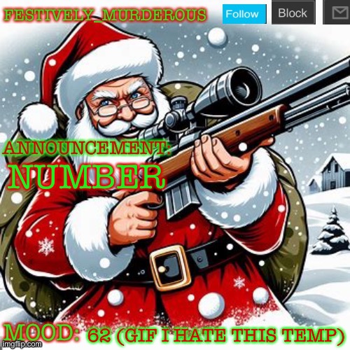 Murderous Christmas temp | NUMBER; 62 (GIF I HATE THIS TEMP) | image tagged in murderous christmas temp | made w/ Imgflip meme maker