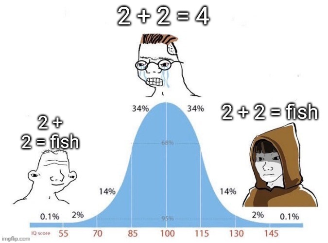 Bell Curve | 2 + 2 = 4; 2 + 2 = fish; 2 + 2 = fish | image tagged in bell curve | made w/ Imgflip meme maker