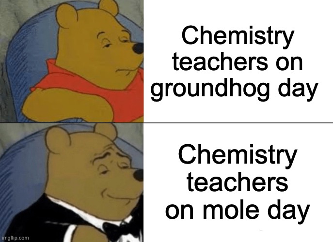 Tuxedo Winnie The Pooh Meme | Chemistry teachers on groundhog day; Chemistry teachers on mole day | image tagged in memes,tuxedo winnie the pooh | made w/ Imgflip meme maker