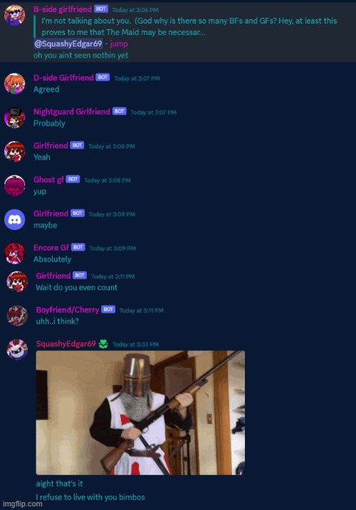 The Discord bot experience | image tagged in loads shotgun with malicious intent,discord | made w/ Imgflip meme maker