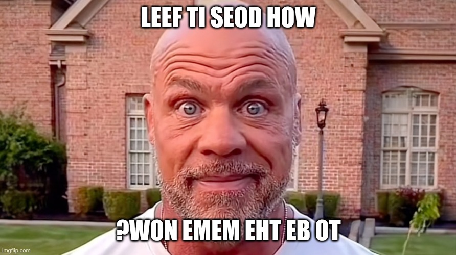 how does it feel to be the meme now? | LEEF TI SEOD HOW; ?WON EMEM EHT EB OT | image tagged in kurt angle stare,fun,funny,meme | made w/ Imgflip meme maker