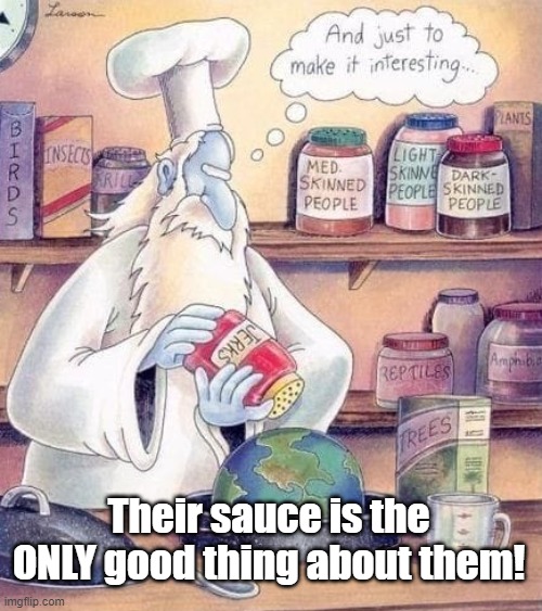 God Adds a Sprinkle of Jerks to Earth's Mix | Their sauce is the ONLY good thing about them! | image tagged in satire,jerk sauce | made w/ Imgflip meme maker