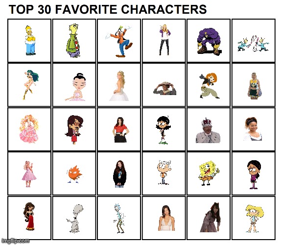 Brandon's Top 30 Favorite Characters | image tagged in the loud house,kim possible,spongebob squarepants,ronnie anne,lincoln loud,deviantart | made w/ Imgflip meme maker