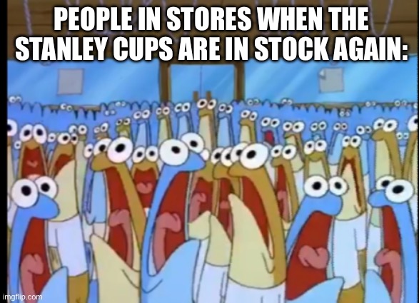 or is it just the internet? | PEOPLE IN STORES WHEN THE STANLEY CUPS ARE IN STOCK AGAIN: | image tagged in spongebob anchovies | made w/ Imgflip meme maker