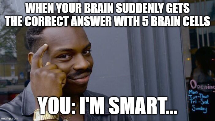 5 braincells.. | WHEN YOUR BRAIN SUDDENLY GETS THE CORRECT ANSWER WITH 5 BRAIN CELLS; YOU: I'M SMART... | image tagged in memes,roll safe think about it | made w/ Imgflip meme maker