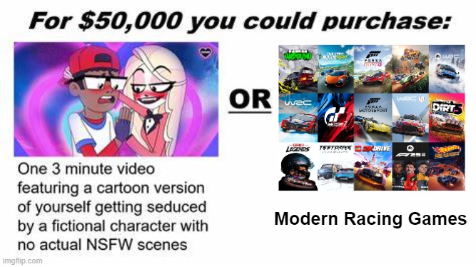 for 50,000 you could purchase: | Modern Racing Games | image tagged in for 50 000 you could purchase,racing,game,racing game | made w/ Imgflip meme maker