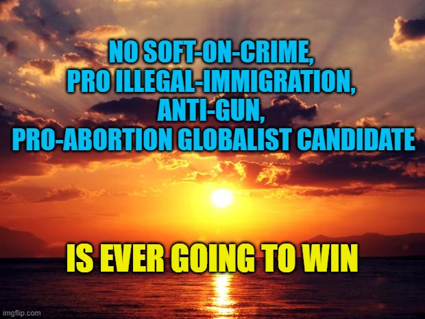 Sunset | NO SOFT-ON-CRIME, 
PRO ILLEGAL-IMMIGRATION, 
ANTI-GUN, 
PRO-ABORTION GLOBALIST CANDIDATE; IS EVER GOING TO WIN | image tagged in sunset | made w/ Imgflip meme maker