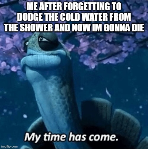 no... my stubbornness has outwitted me... | ME AFTER FORGETTING TO DODGE THE COLD WATER FROM THE SHOWER AND NOW IM GONNA DIE | image tagged in my time has come | made w/ Imgflip meme maker