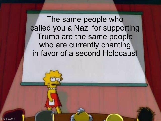 Lisa Simpson's Presentation | The same people who called you a Nazi for supporting Trump are the same people who are currently chanting in favor of a second Holocaust | image tagged in lisa simpson's presentation | made w/ Imgflip meme maker