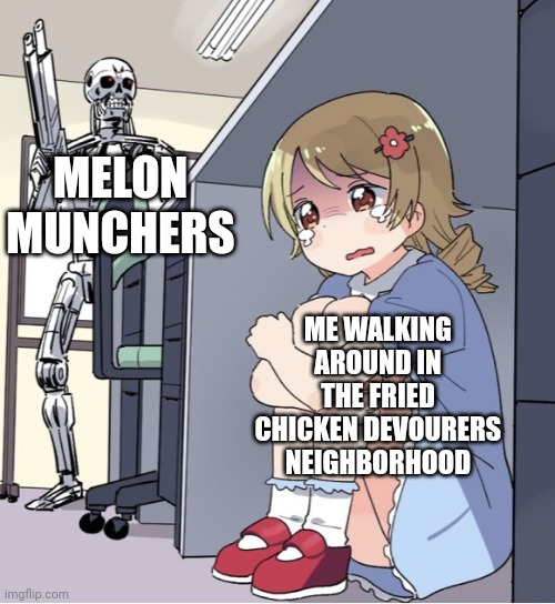 true story | MELON MUNCHERS; ME WALKING AROUND IN THE FRIED CHICKEN DEVOURERS NEIGHBORHOOD | image tagged in anime girl hiding from terminator | made w/ Imgflip meme maker