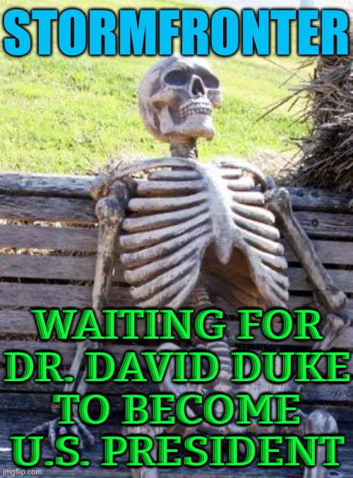 Waiting For Dr. Duke To Become President | STORMFRONTER; WAITING FOR
DR. DAVID DUKE
TO BECOME
U.S. PRESIDENT | image tagged in memes,waiting skeleton,kkk,not my president,freedom in murica,politics lol | made w/ Imgflip meme maker