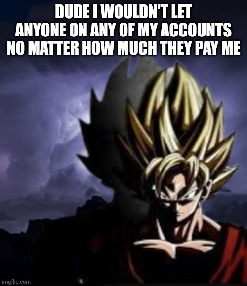 LowTeirGoku | DUDE I WOULDN'T LET ANYONE ON ANY OF MY ACCOUNTS NO MATTER HOW MUCH THEY PAY ME | image tagged in lowteirgoku | made w/ Imgflip meme maker