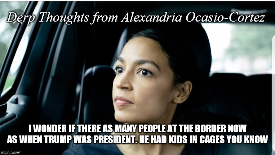 Deep thoughts | I WONDER IF THERE AS MANY PEOPLE AT THE BORDER NOW AS WHEN TRUMP WAS PRESIDENT. HE HAD KIDS IN CAGES YOU KNOW | image tagged in derp thoughts from aoc,funny memes | made w/ Imgflip meme maker