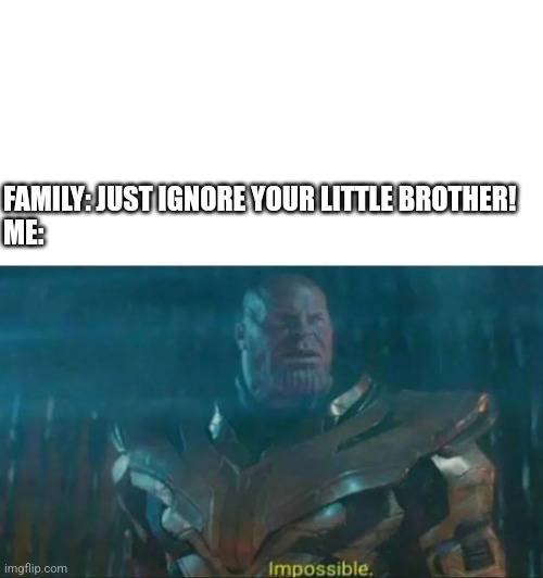 Family | FAMILY: JUST IGNORE YOUR LITTLE BROTHER!
ME: | image tagged in thanos impossible | made w/ Imgflip meme maker