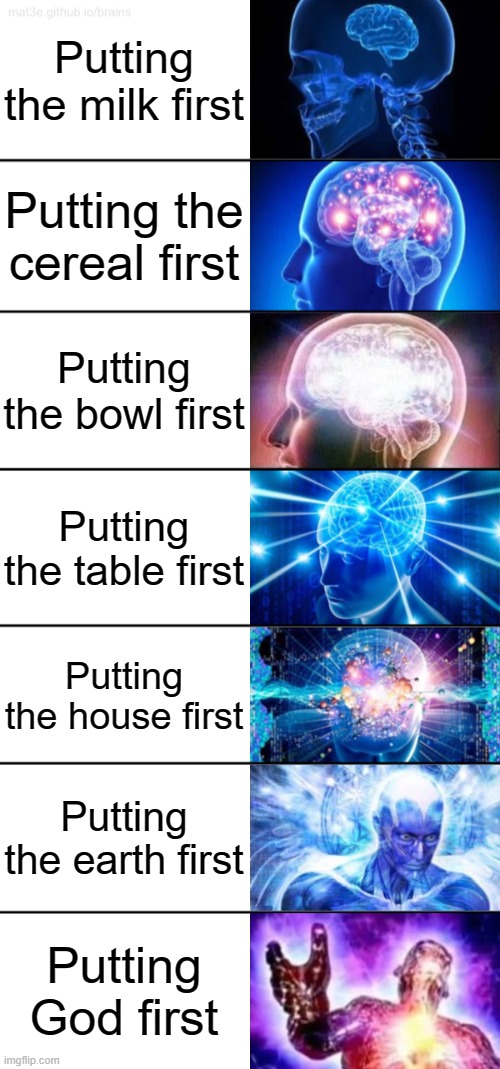 Cereal | Putting the milk first; Putting the cereal first; Putting the bowl first; Putting the table first; Putting the house first; Putting the earth first; Putting God first | image tagged in 7-tier expanding brain | made w/ Imgflip meme maker