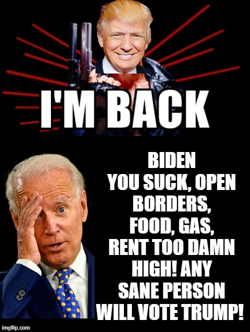I'm Back | BIDEN YOU SUCK, OPEN BORDERS, FOOD, GAS, RENT TOO DAMN HIGH! ANY SANE PERSON WILL VOTE TRUMP! | image tagged in donald trump approves,joe biden worries | made w/ Imgflip meme maker