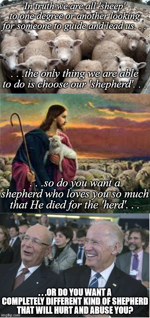 We all need guidance and protection. | In truth we are all 'sheep' to one degree or another looking for someone to guide and lead us. . . . . .the only thing we are able to do is choose our 'shepherd'. . . . . .so do you want a shepherd who loves you so much that He died for the 'herd'. . . . . .OR DO YOU WANT A COMPLETELY DIFFERENT KIND OF SHEPHERD THAT WILL HURT AND ABUSE YOU? | image tagged in sheeple,jesus christ sheep flock,klaus schwab joe biden | made w/ Imgflip meme maker