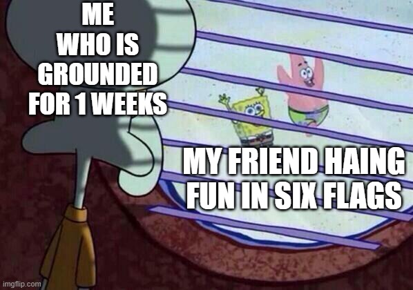Squidward window | ME WHO IS GROUNDED FOR 1 WEEKS; MY FRIEND HAING FUN IN SIX FLAGS | image tagged in squidward window | made w/ Imgflip meme maker