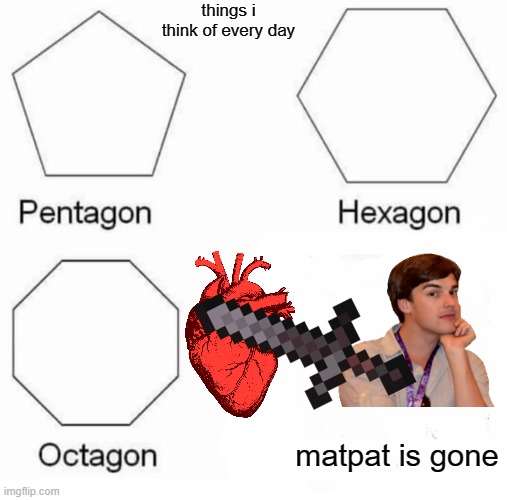 this is true | things i think of every day; matpat is gone | image tagged in memes,pentagon hexagon octagon | made w/ Imgflip meme maker