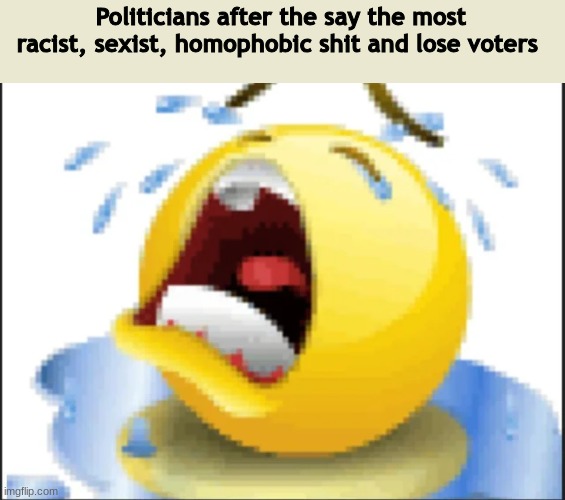 Low Quality Crying Emoji | Politicians after the say the most racist, sexist, homophobic shit and lose voters | image tagged in low quality crying emoji | made w/ Imgflip meme maker