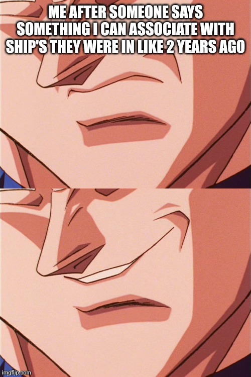 vegeta evil smile | ME AFTER SOMEONE SAYS SOMETHING I CAN ASSOCIATE WITH SHIP'S THEY WERE IN LIKE 2 YEARS AGO | image tagged in vegeta evil smile | made w/ Imgflip meme maker