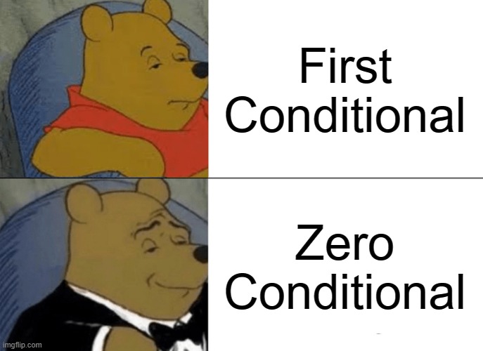 Tuxedo Winnie The Pooh Meme | First Conditional; Zero Conditional | image tagged in memes,tuxedo winnie the pooh | made w/ Imgflip meme maker