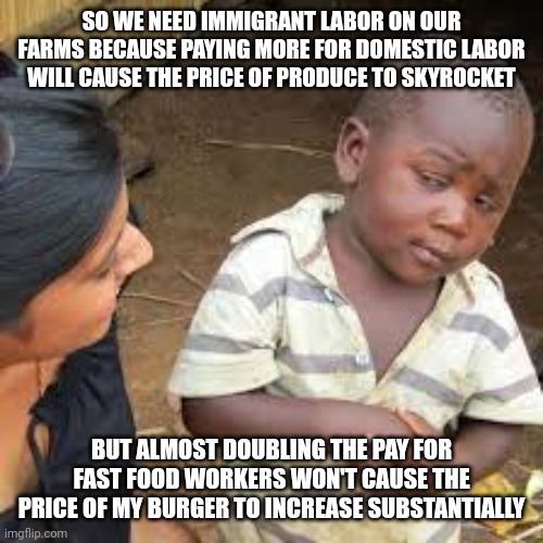 African Boy | SO WE NEED IMMIGRANT LABOR ON OUR FARMS BECAUSE PAYING MORE FOR DOMESTIC LABOR WILL CAUSE THE PRICE OF PRODUCE TO SKYROCKET; BUT ALMOST DOUBLING THE PAY FOR FAST FOOD WORKERS WON'T CAUSE THE PRICE OF MY BURGER TO INCREASE SUBSTANTIALLY | image tagged in african boy | made w/ Imgflip meme maker