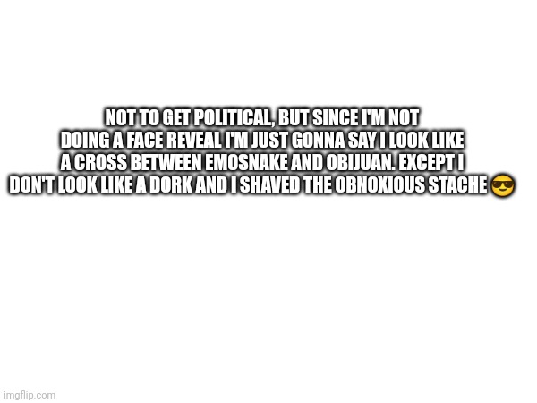 NOT TO GET POLITICAL, BUT SINCE I'M NOT DOING A FACE REVEAL I'M JUST GONNA SAY I LOOK LIKE A CROSS BETWEEN EMOSNAKE AND OBIJUAN. EXCEPT I DON'T LOOK LIKE A DORK AND I SHAVED THE OBNOXIOUS STACHE 😎 | made w/ Imgflip meme maker