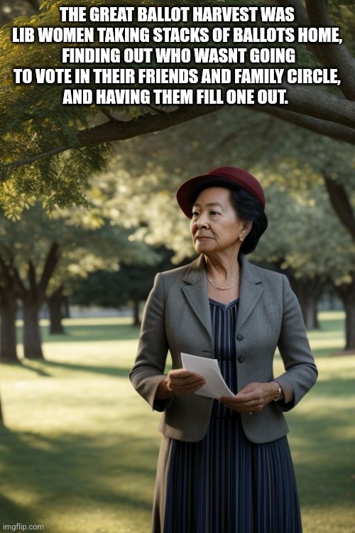 THE GREAT BALLOT HARVEST WAS LIB WOMEN TAKING STACKS OF BALLOTS HOME,
 FINDING OUT WHO WASNT GOING TO VOTE IN THEIR FRIENDS AND FAMILY CIRCLE,
AND HAVING THEM FILL ONE OUT. | image tagged in funny memes | made w/ Imgflip meme maker