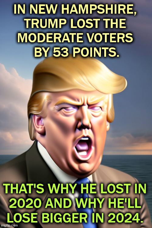 Trump winning MAGA votes is easy. Trump winning anybody else is not. | IN NEW HAMPSHIRE, 
TRUMP LOST THE 
MODERATE VOTERS 
BY 53 POINTS. THAT'S WHY HE LOST IN 
2020 AND WHY HE'LL 
LOSE BIGGER IN 2024. | image tagged in trump,new hampshire,moderate,voters,loser | made w/ Imgflip meme maker