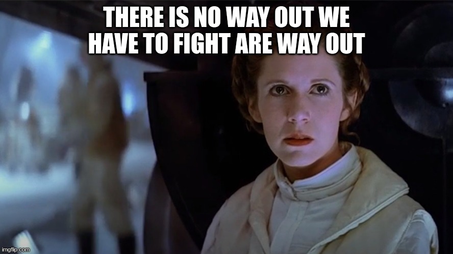 princess leia | THERE IS NO WAY OUT WE HAVE TO FIGHT ARE WAY OUT | image tagged in princess leia | made w/ Imgflip meme maker
