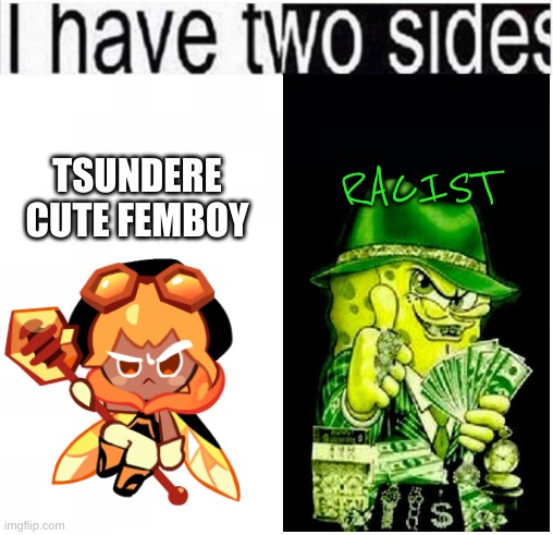 i have two sides | TSUNDERE CUTE FEMBOY; RACIST | image tagged in i have two sides | made w/ Imgflip meme maker