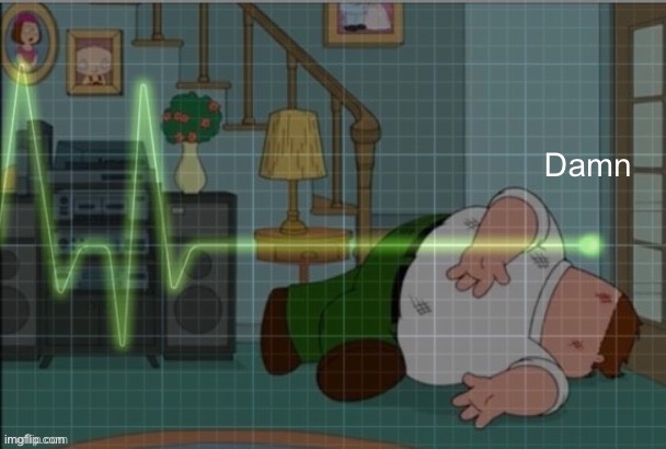 Flatlining Peter Griffin | Damn | image tagged in flatlining peter griffin | made w/ Imgflip meme maker