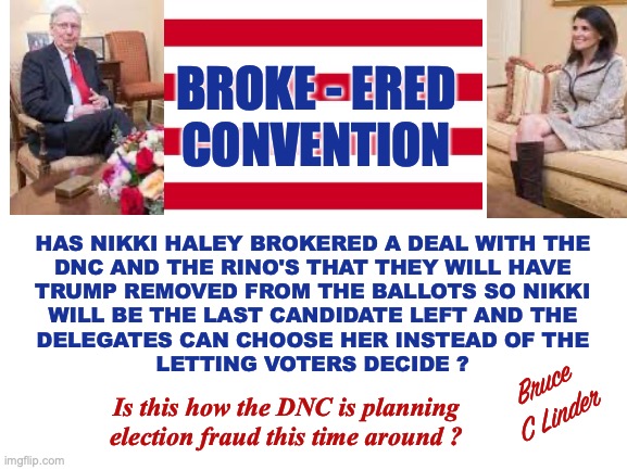 Broke Convention | BROKE - ERED
CONVENTION; HAS NIKKI HALEY BROKERED A DEAL WITH THE
DNC AND THE RINO'S THAT THEY WILL HAVE
TRUMP REMOVED FROM THE BALLOTS SO NIKKI
WILL BE THE LAST CANDIDATE LEFT AND THE
DELEGATES CAN CHOOSE HER INSTEAD OF THE
LETTING VOTERS DECIDE ? Bruce
C Linder; Is this how the DNC is planning election fraud this time around ? | image tagged in broke convention,rino's,gaming the system,voter fraud 2024,nikki haley,mcturtle | made w/ Imgflip meme maker