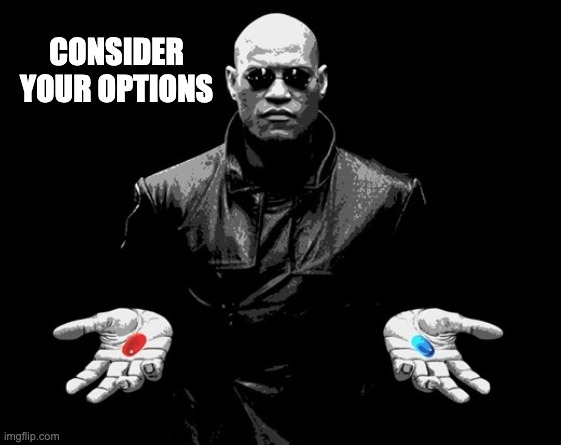 Consider your options | CONSIDER YOUR OPTIONS | image tagged in morpheus matrix blue pill red pill | made w/ Imgflip meme maker