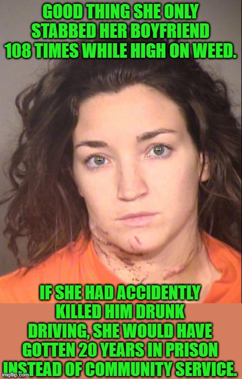 Everyone is a victim except the actual victims ! | GOOD THING SHE ONLY STABBED HER BOYFRIEND 108 TIMES WHILE HIGH ON WEED. IF SHE HAD ACCIDENTLY KILLED HIM DRUNK DRIVING, SHE WOULD HAVE GOTTEN 20 YEARS IN PRISON INSTEAD OF COMMUNITY SERVICE. | image tagged in democrats | made w/ Imgflip meme maker