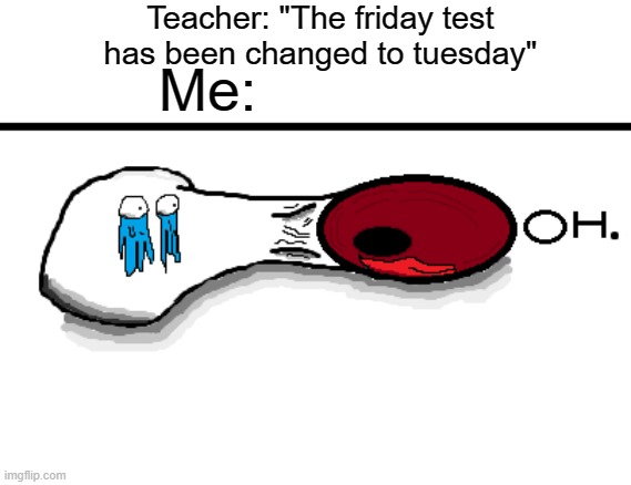 OH NO I DIDNT STUDY | Teacher: "The friday test has been changed to tuesday"; Me: | image tagged in oh meme template,school | made w/ Imgflip meme maker