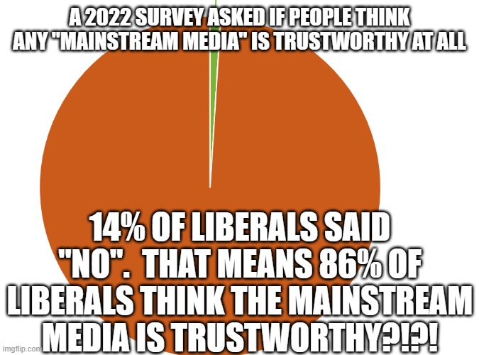 statistics | A 2022 SURVEY ASKED IF PEOPLE THINK ANY "MAINSTREAM MEDIA" IS TRUSTWORTHY AT ALL 14% OF LIBERALS SAID "NO".  THAT MEANS 86% OF LIBERALS THIN | image tagged in statistics | made w/ Imgflip meme maker