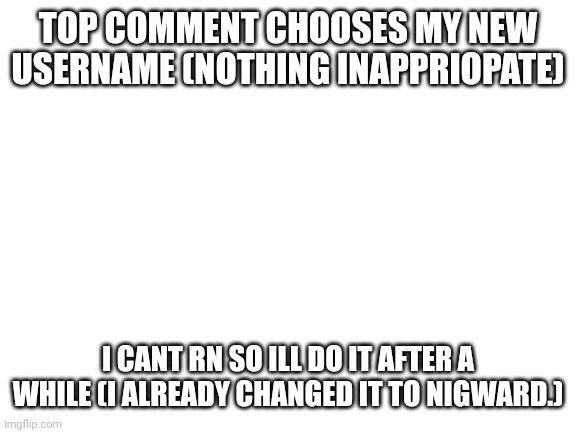 A | TOP COMMENT CHOOSES MY NEW USERNAME (NOTHING INAPPRIOPATE); I CANT RN SO ILL DO IT AFTER A WHILE (I ALREADY CHANGED IT TO NIGWARD.) | image tagged in blank white template | made w/ Imgflip meme maker