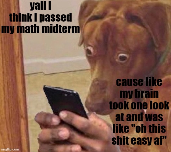 shocked dog | yall I think I passed my math midterm; cause like my brain took one look at and was like "oh this shit easy af" | image tagged in shocked dog | made w/ Imgflip meme maker