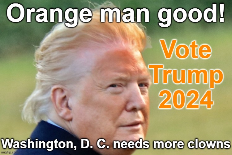 Vote Trump Washington D.C. needs more clowns Orange Man good! | Orange man good! Vote Trump 2024; Washington, D. C. needs more clowns | image tagged in donald trump djt orange face paint clown traitor pedophile,republican,traitor,pedophile,adulterer,liar | made w/ Imgflip meme maker