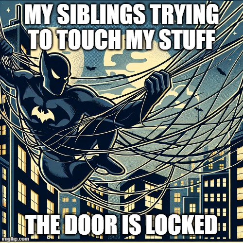 Batman stuck in spider man webs | MY SIBLINGS TRYING TO TOUCH MY STUFF; THE DOOR IS LOCKED | image tagged in batman slapping robin,spiderman | made w/ Imgflip meme maker