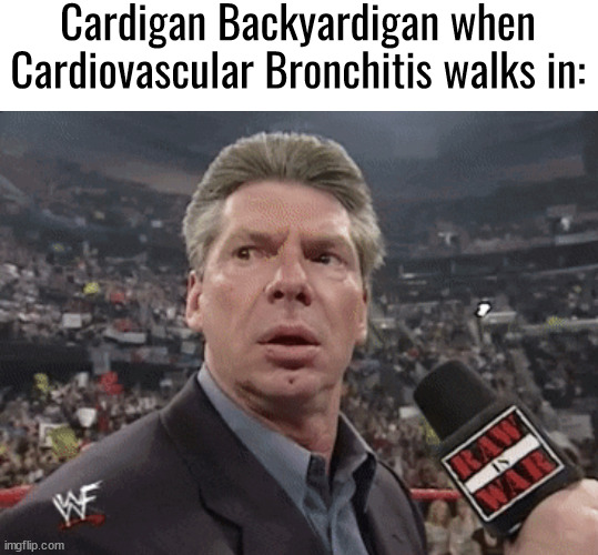 X when Y walks in | Cardigan Backyardigan when Cardiovascular Bronchitis walks in: | image tagged in x when y walks in | made w/ Imgflip meme maker
