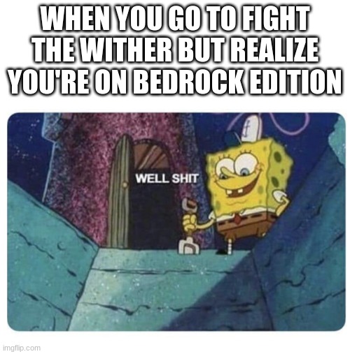 well shit | WHEN YOU GO TO FIGHT THE WITHER BUT REALIZE YOU'RE ON BEDROCK EDITION | image tagged in well shit spongebob edition | made w/ Imgflip meme maker