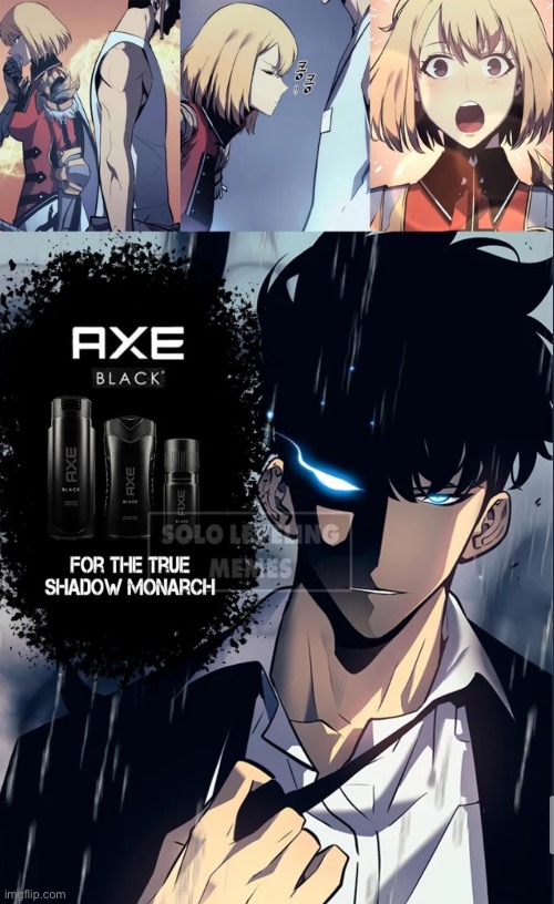 Shadow monarch body spray | image tagged in solo leveling,manhwa,axe body spray | made w/ Imgflip meme maker