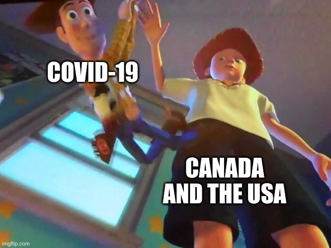 Covid ends | COVID-19; CANADA AND THE USA | image tagged in andy dropping woody | made w/ Imgflip meme maker