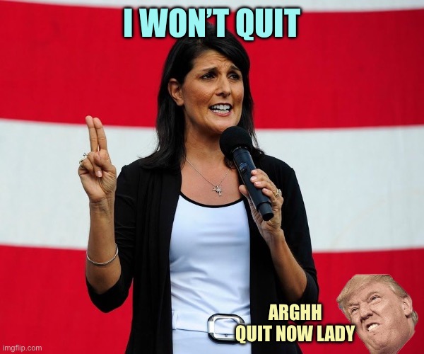 Let’s see a Haley-Trump debate | I WON’T QUIT; ARGHH QUIT NOW LADY | image tagged in nikki haley,donald trump,memes | made w/ Imgflip meme maker